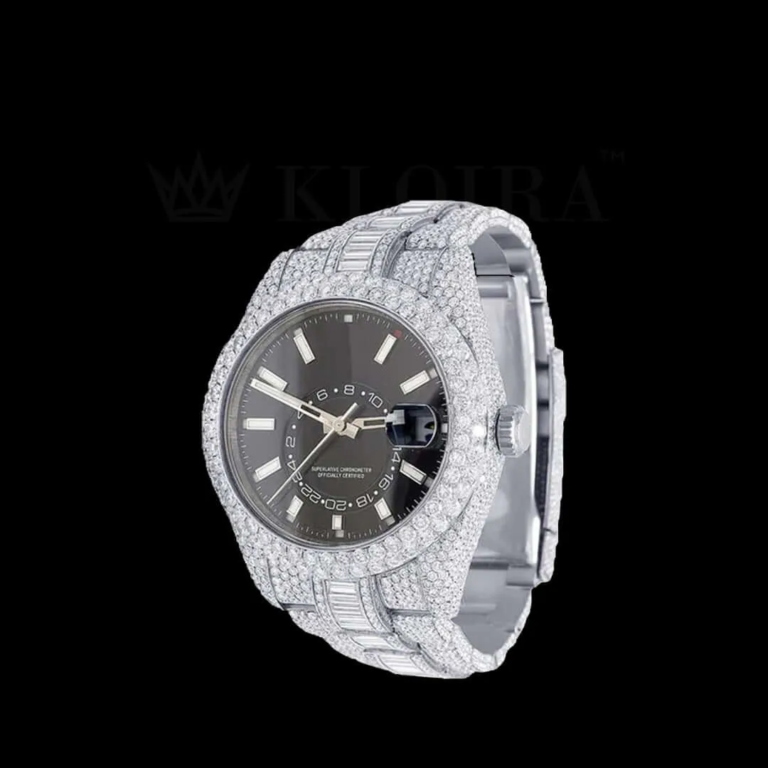 Roles Sky Dweller Moissanite Watch in Silver with Black Dial and Diamond Accents