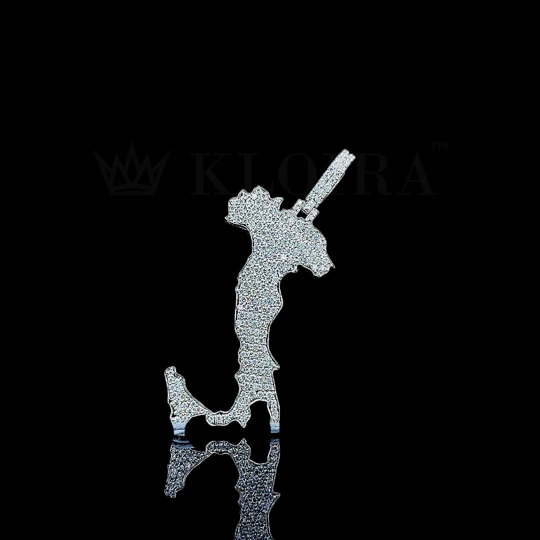 Map Silhouette Swagger Pendant - Silver with Moissanite Stones