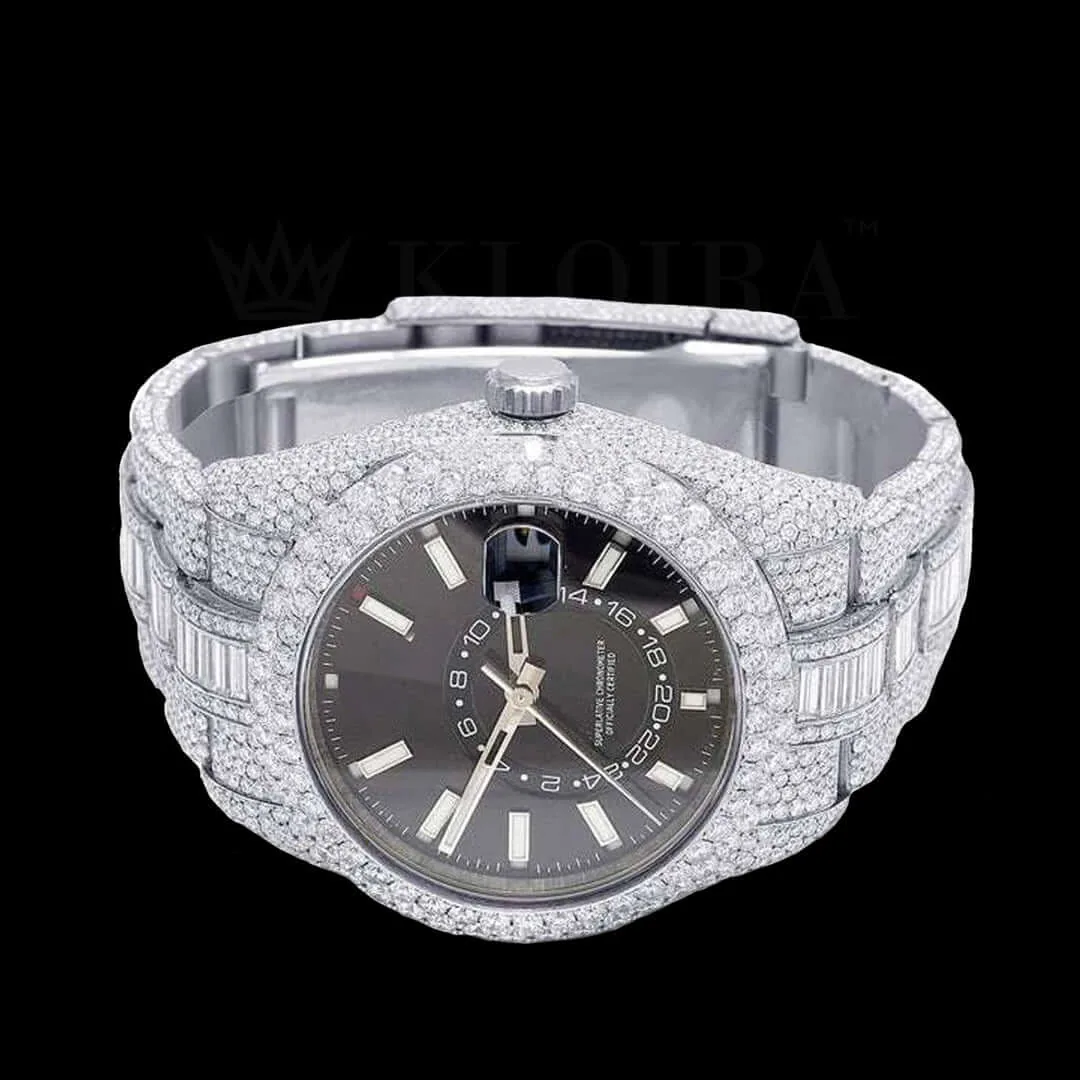 Roles Sky Dweller Silver 42mm Diamond Studded Swiss Made Black Dial Watch - F E A A F C B Bdf D B