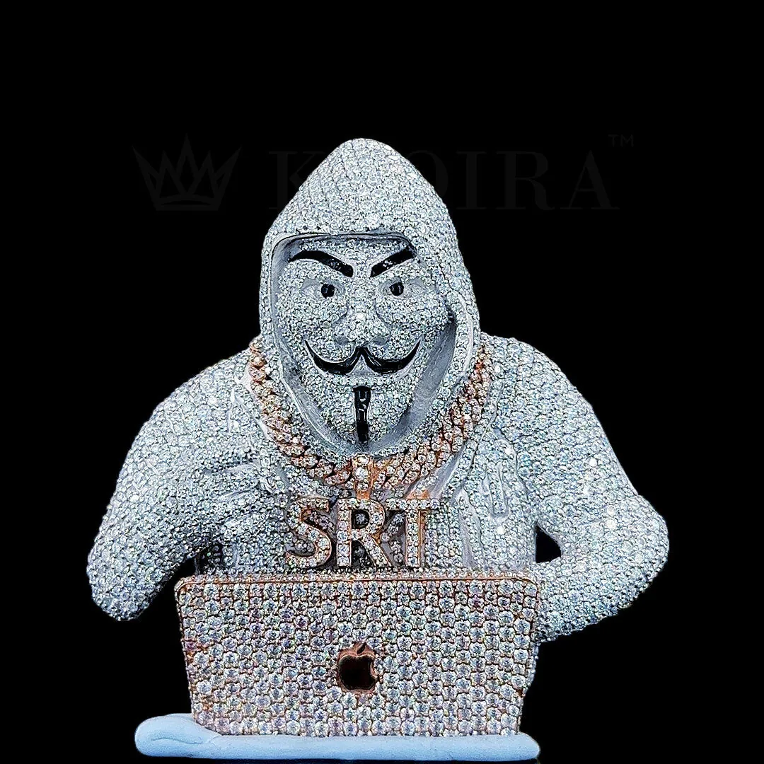 Mysterious Hacker Icon Pendant in silver with round Moissanite gems