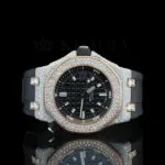 AP Royal Oak Black Dial Rubber Strap Semi Iced Out Watch with Diamonds