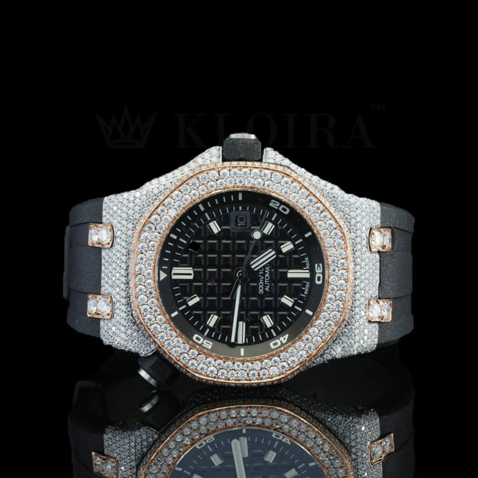 AP Royal Oak Black Dial Rubber Strap Semi Iced Out Watch with Diamonds