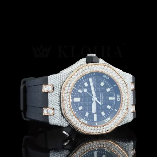 AP Black Dial Rubber Strap Semi Iced Out Natural Diamond Watch Right Profile View
