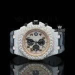 AP Chronograph Army Rubber Strap Moissanite Diamond Watch with rose dial and gold accents