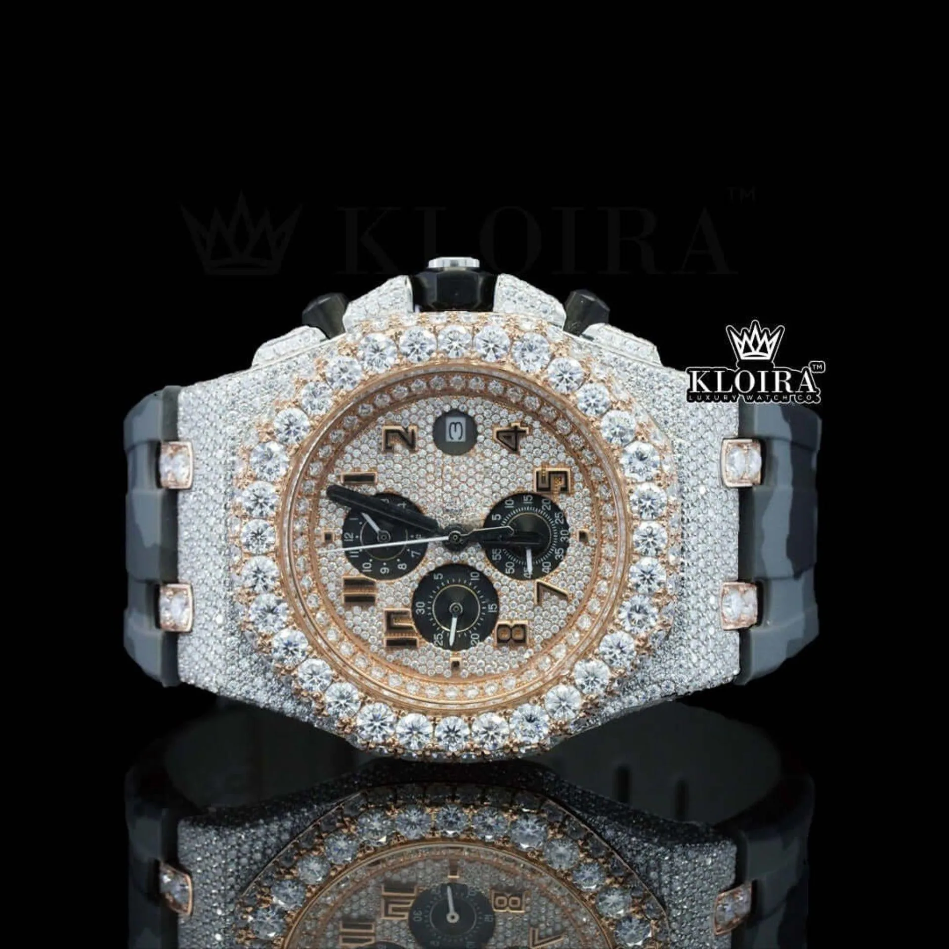 AP Chronograph Army Rubber Strap Moissanite Diamond Watch with rose dial and gold accents