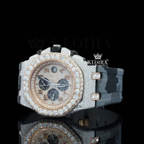 AP Chronograph Army Rubber Strap Moissanite Diamond Watch Left Profile View