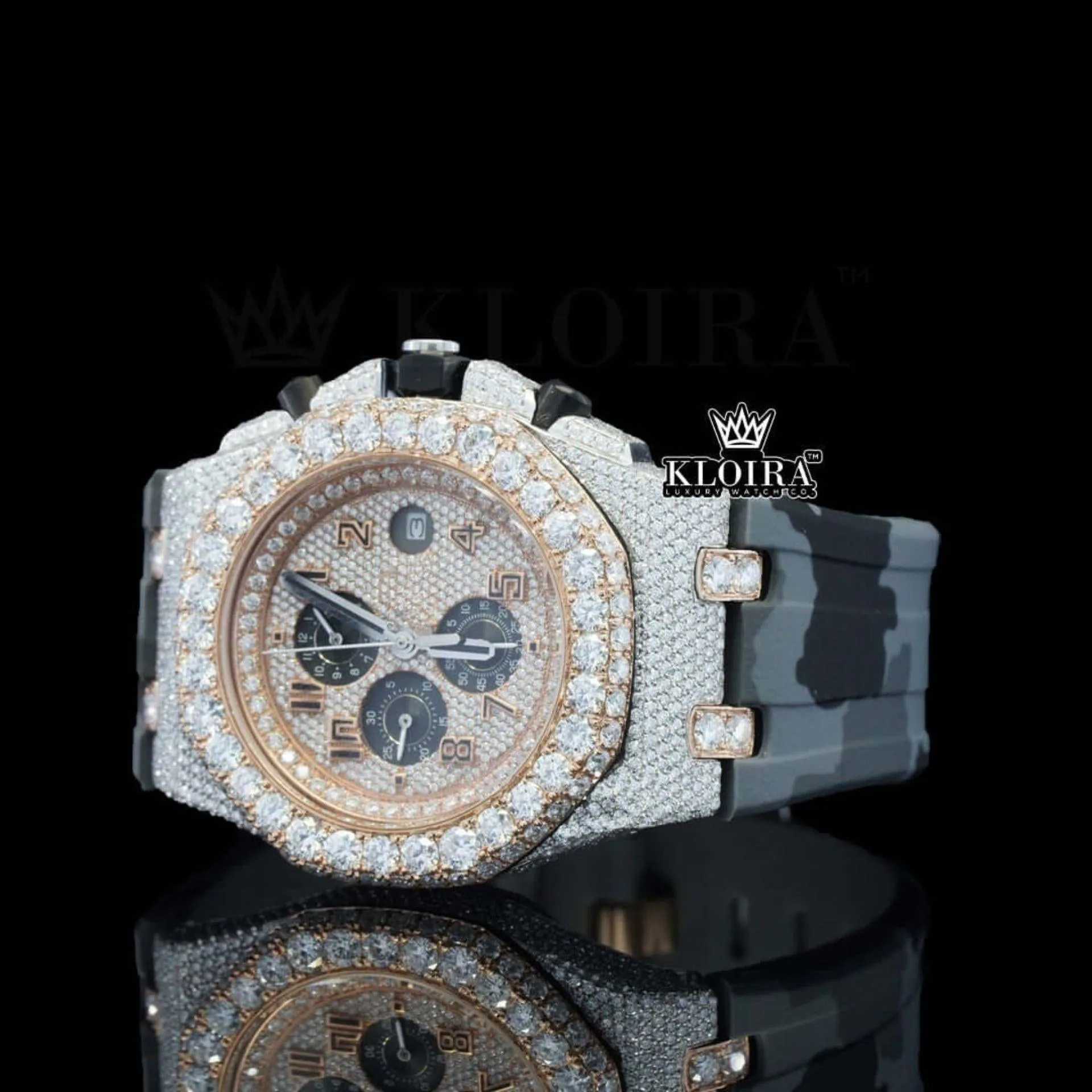 AP Chronograph Army Rubber Strap Moissanite Diamond Watch Left Profile View