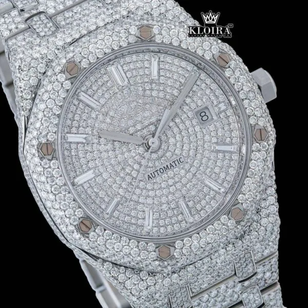 AP Diamond Markers Fully Bust Down Moissanite Diamond Watch Close Up Dial View
