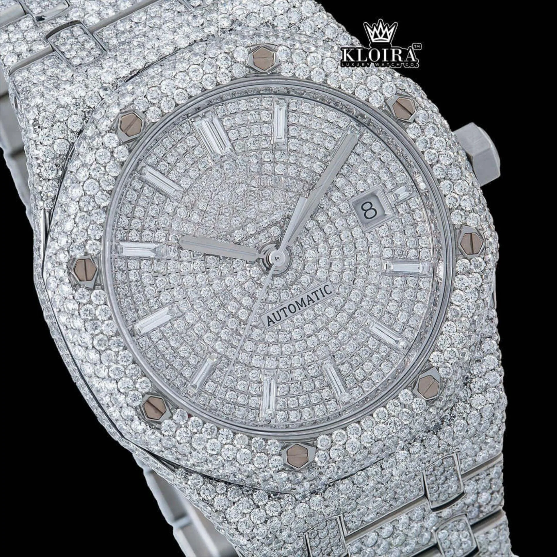 AP Diamond Markers Fully Bust Down Moissanite Diamond Watch Close Up Dial View
