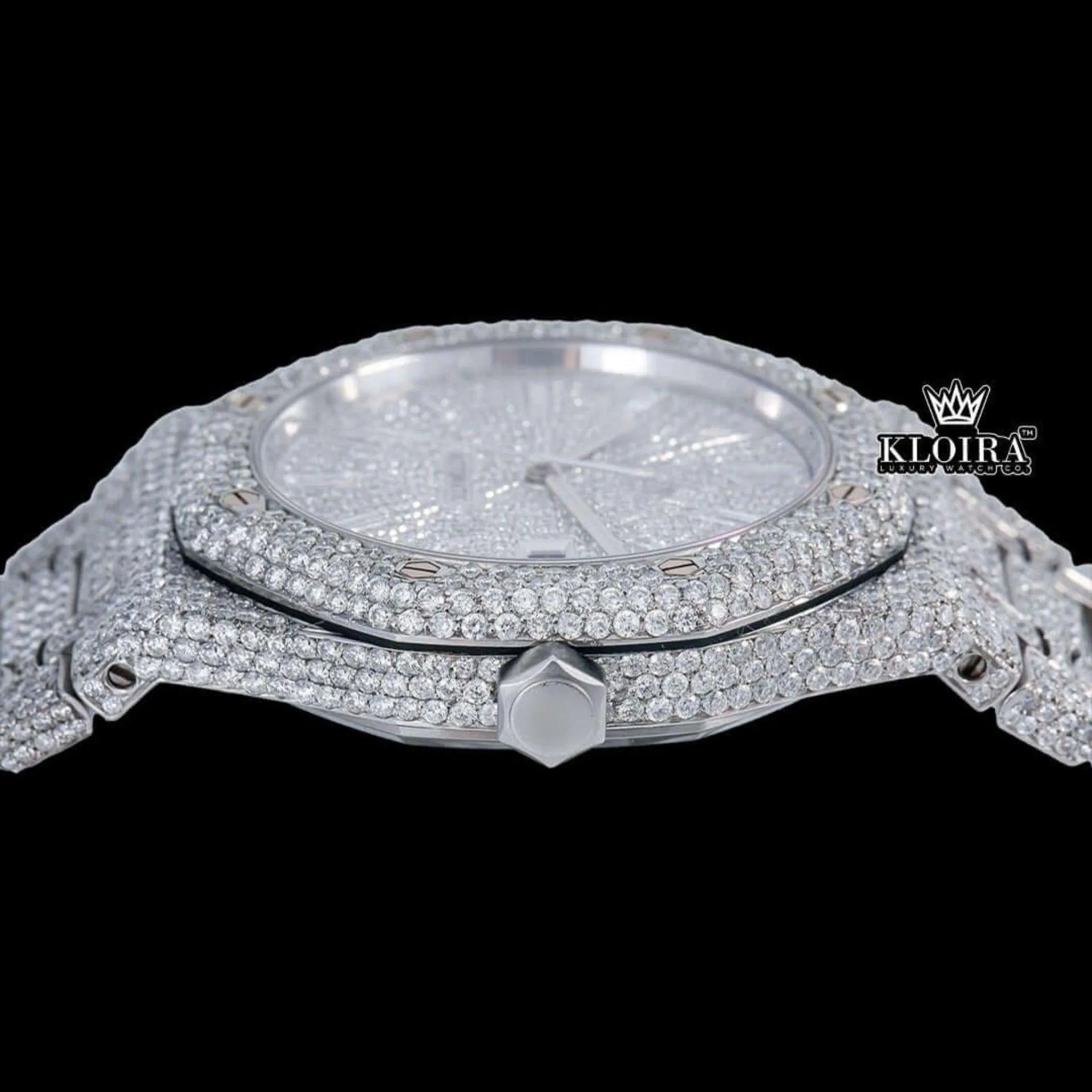 AP Diamond Markers Fully Bust Down Moissanite Diamond Watch Crown View