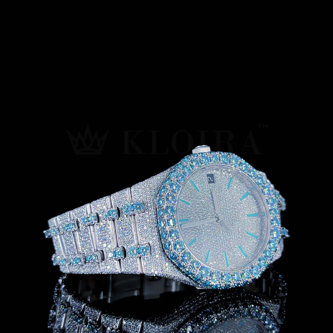 AP Royal Oak Silver 41mm Diamond Studded Swiss Made Aqua Blue Numerals Watch