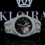 AP Royal Oak Skeleton Black Dial Iced Out Moissanite Watch showcasing its intricate design and luxury materials