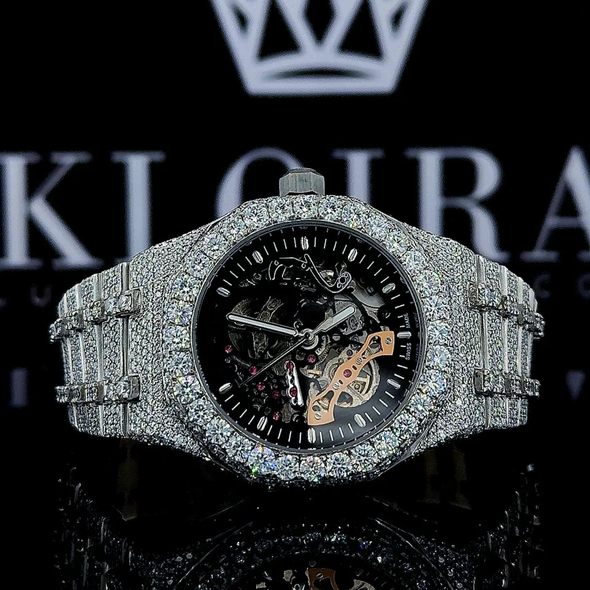 AP Royal Oak Skeleton Black Dial Iced Out Moissanite Watch showcasing its intricate design and luxury materials