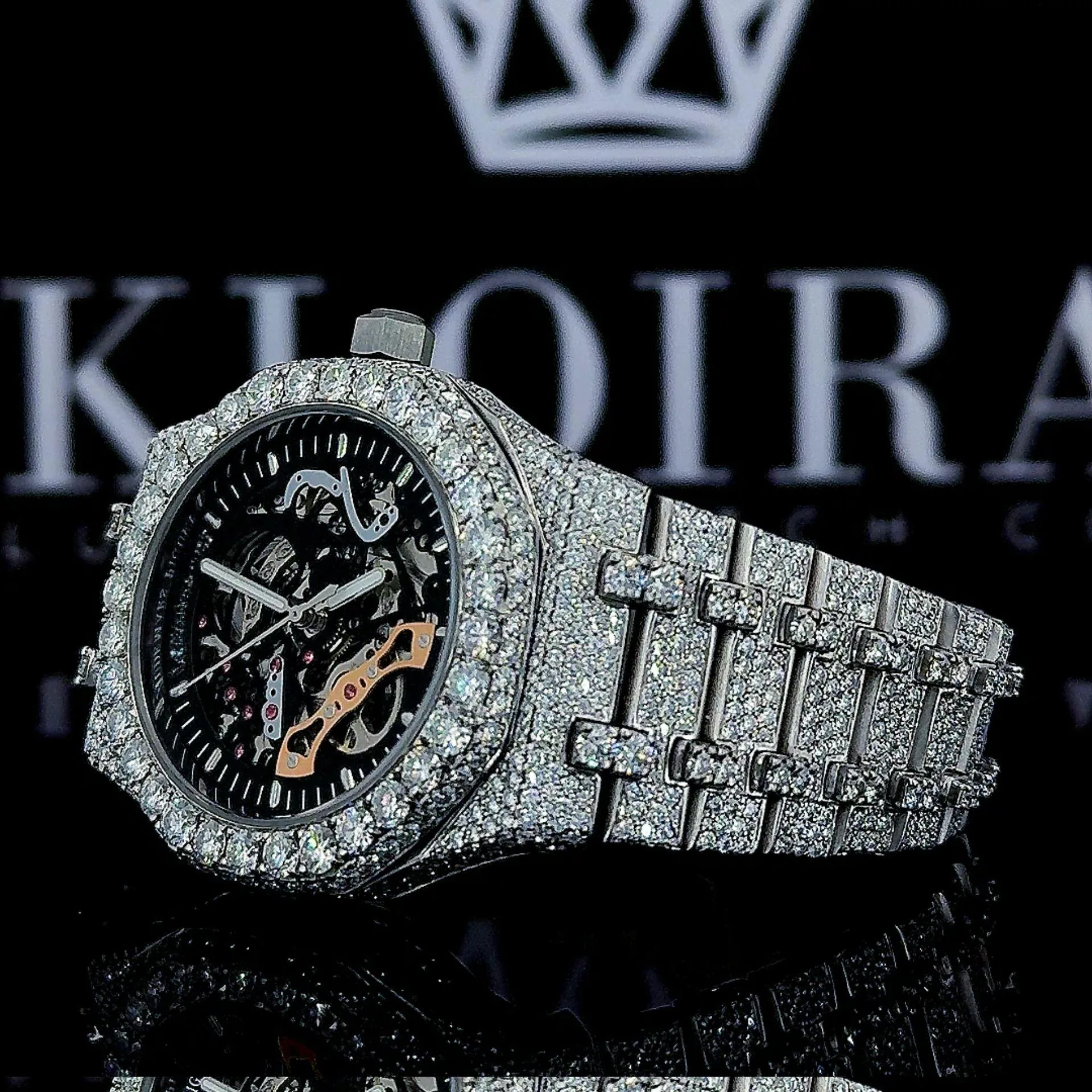 AP Skeleton Black Dial Full Iced Out Lab Grown Diamond Watch Left Profile View