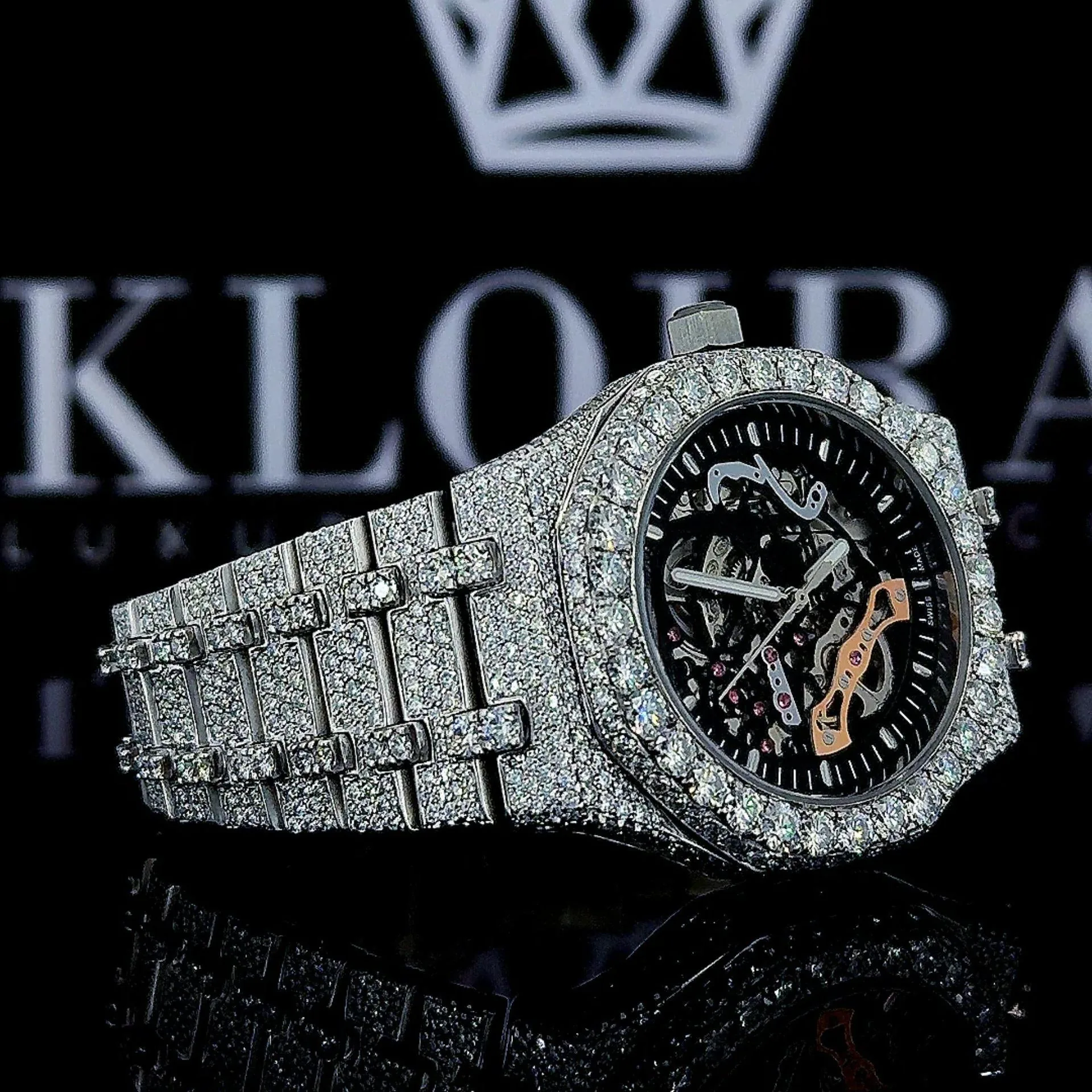 AP Skeleton Black Dial Full Iced Out Lab Grown Diamond Watch Right Profile View