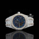 AP Skeleton Blue Dial Iced Out Moissanite Watch with Skeleton Design and Gold Plating