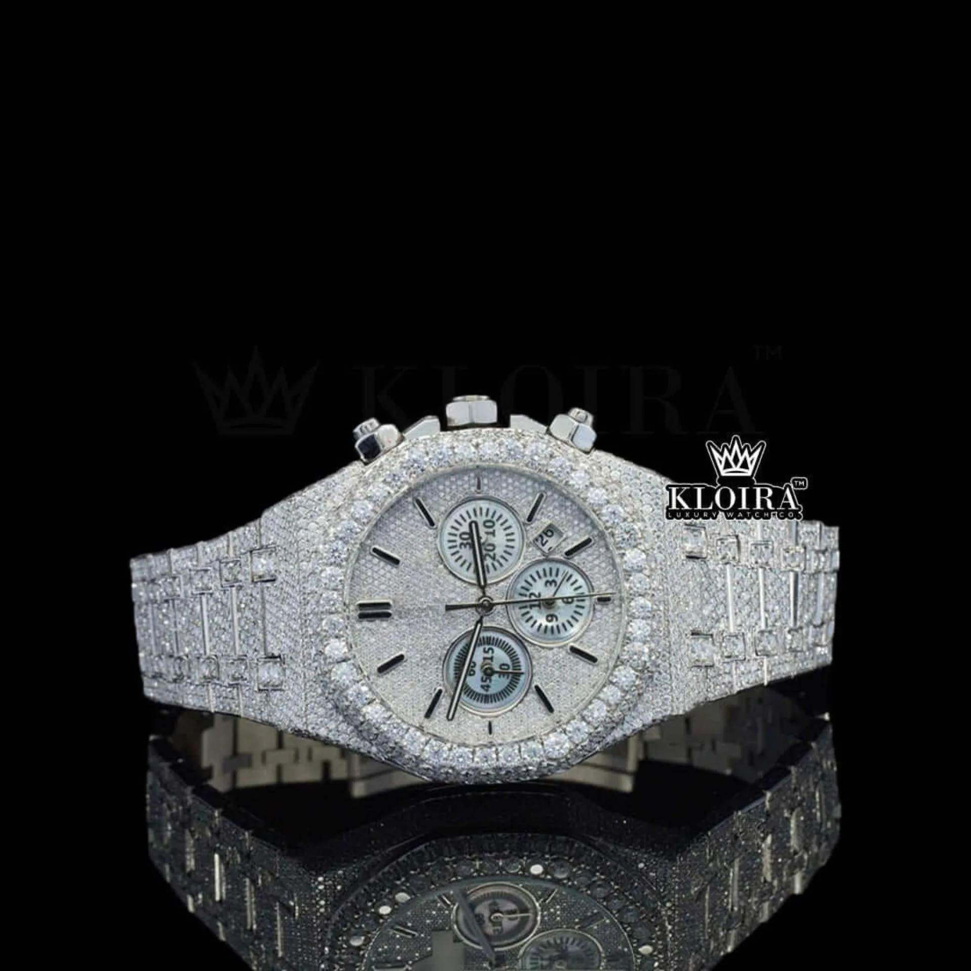 AP Royal Oak Moissanite Watch with Iced-Out Bracelet and White Dial