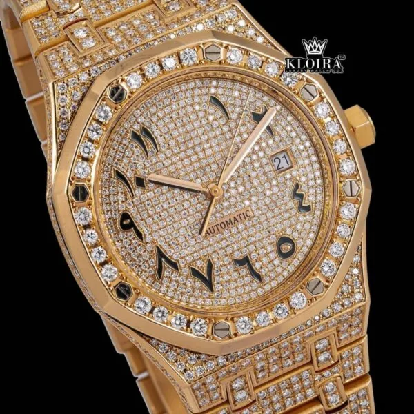 AP Yellow Gold Arabic Dial Moissanite Diamond Watch Close Up Dial View