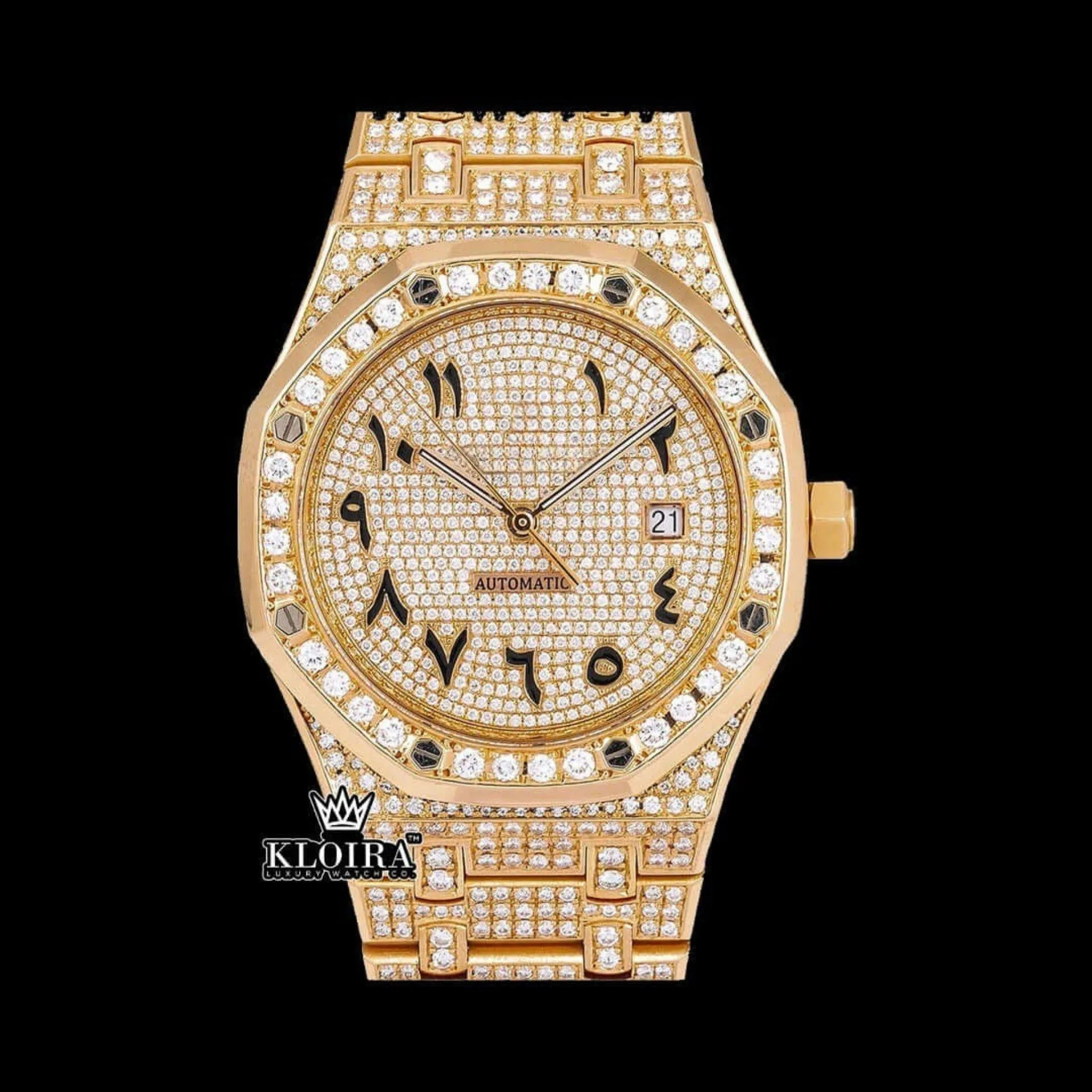 AP Yellow Gold Arabic Dial Moissanite Diamond Watch showcasing the luxurious design and VVS clarity