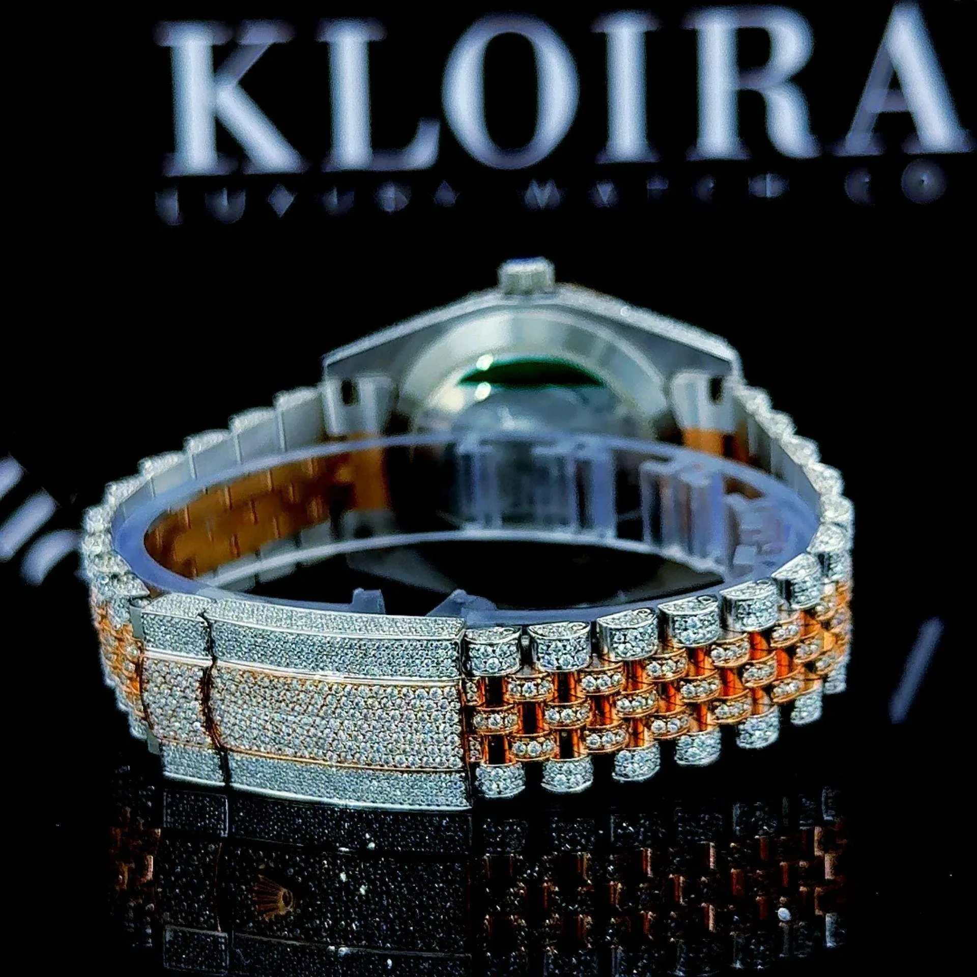 Arabic Dial Diamond Bezel Two Tone Fully Iced Out Moissanite Watch Caseback Strap View
