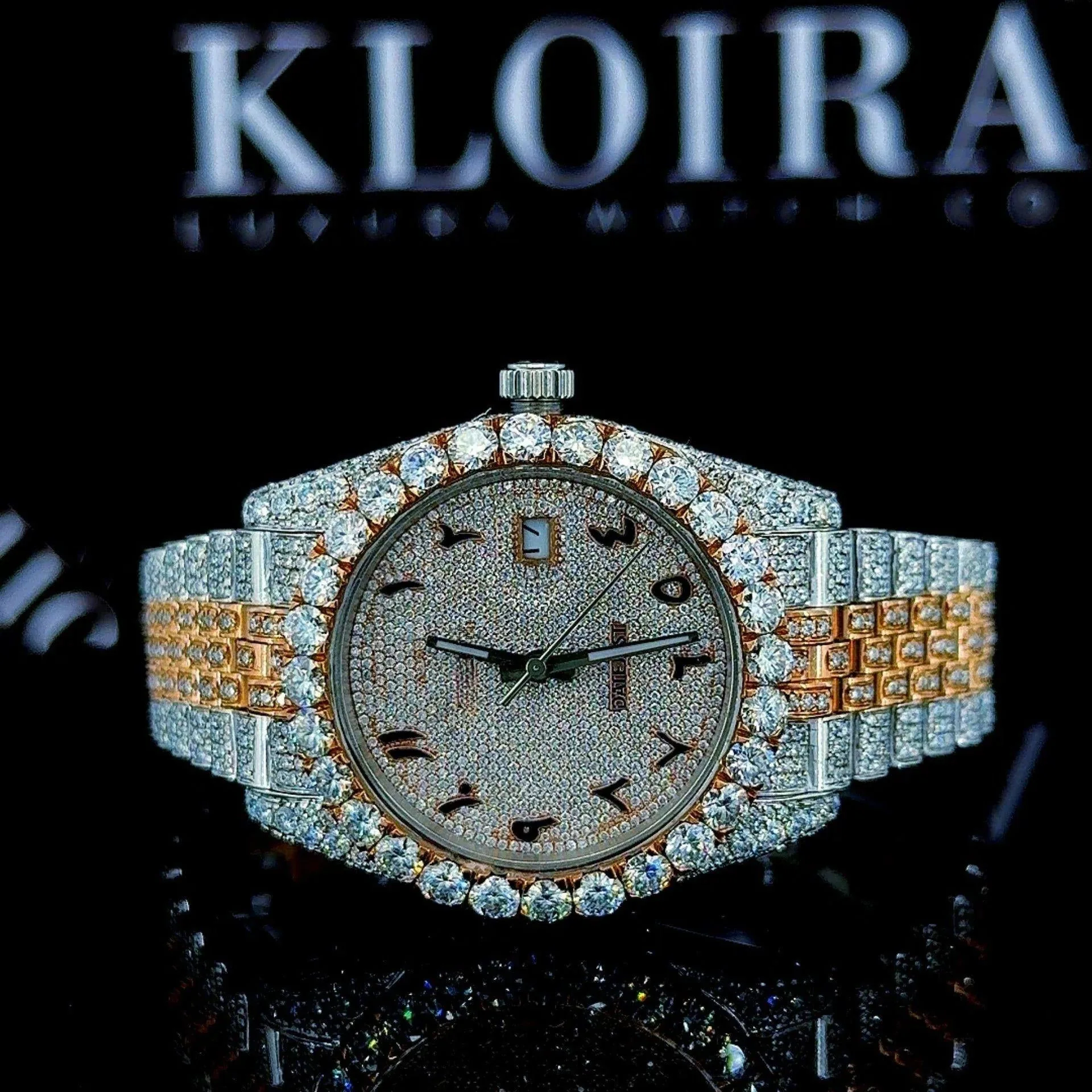 Roles Arabic Dial Moissanite Watch with Diamond Bezel and Two-Tone Finish