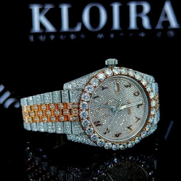 Arabic Dial Diamond Bezel Two Tone Fully Iced Out Moissanite Watch Right Side View