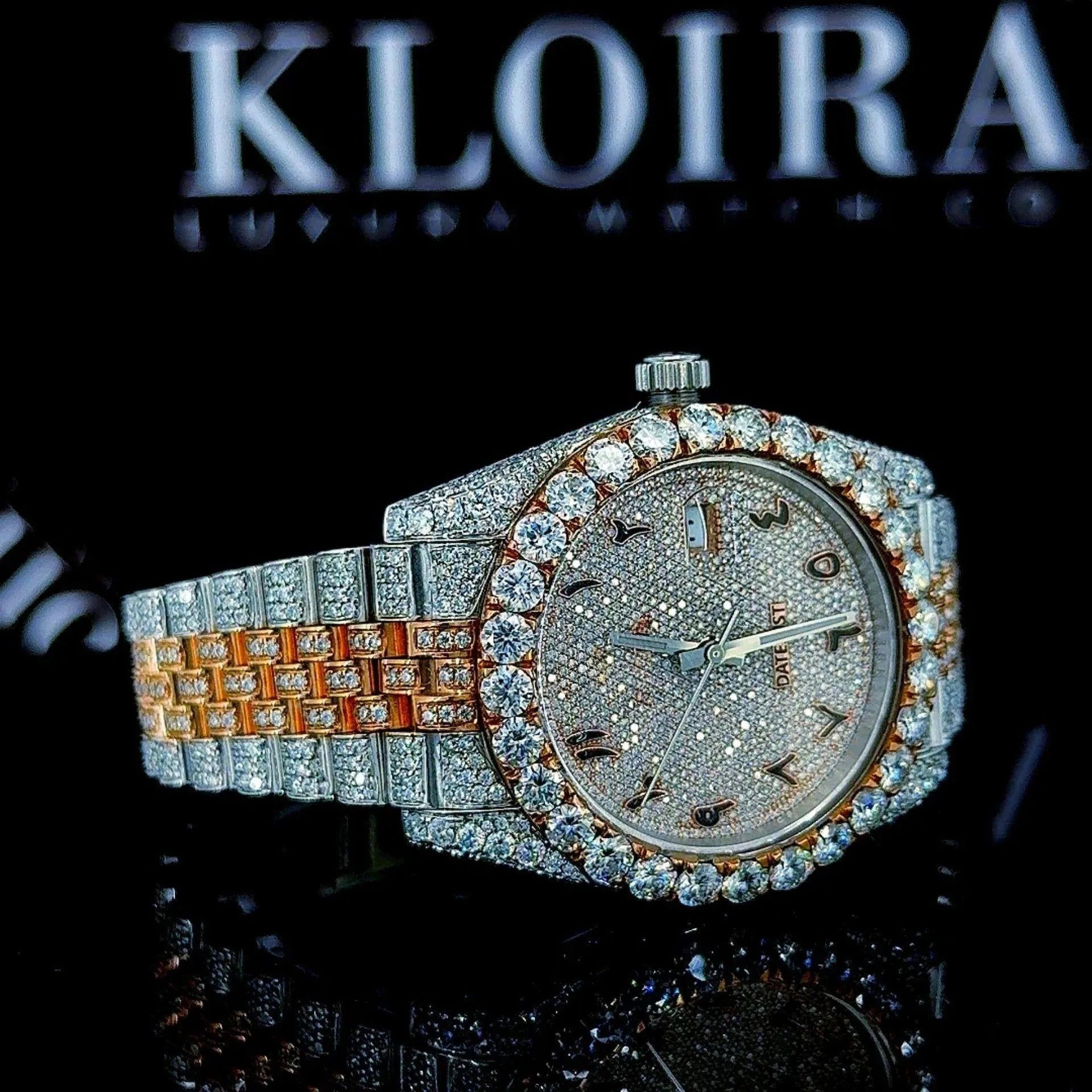 Arabic Dial Diamond Bezel Two Tone Fully Iced Out Moissanite Watch Right Side View