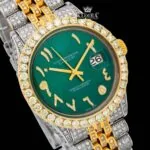 Arabic Numerals Green Dial Two Tone Iced Out Moissanite Watch Close Up Dial View