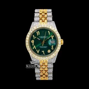 Roles Arabic Numerals Green Dial Two Tone Iced Out Moissanite Watch