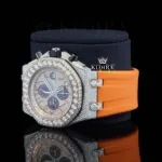 Arabic Numerals Iced Out Orange Rubber Strap Moissanite Diamond Watch Left Profile View