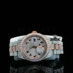 Arabic Numerals Rose Gold Dial Two Tone Iced Out Moissanite Watch Close Up Dial View