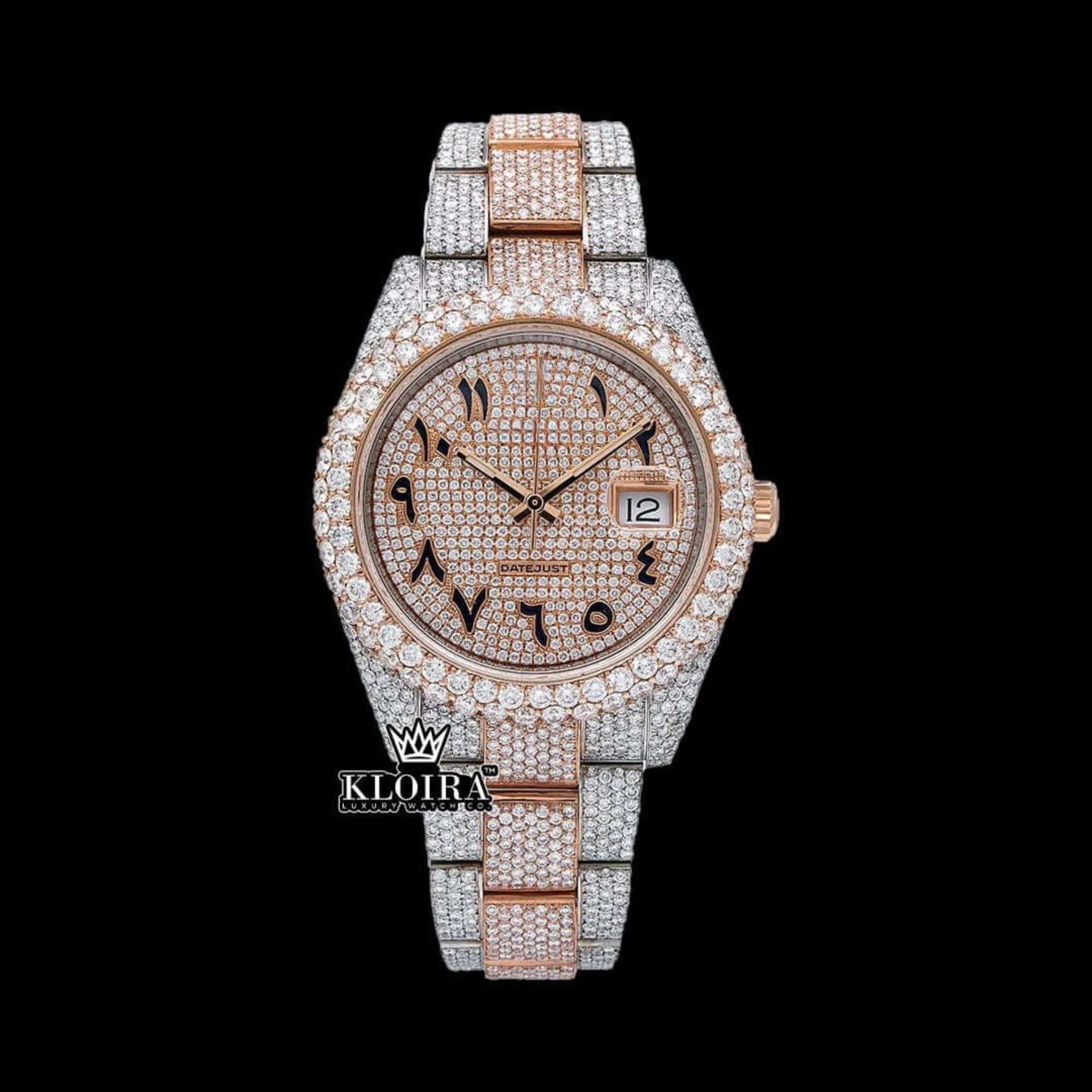 Roles Arabic Numerals Two Tone Rose Gold Moissanite Watch with Rose Dial
