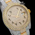 Arabic Numerals Two Tone Yellow Gold Dial Moissanite Diamond Watch Close Up Dial View