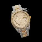 Arabic Numerals Two Tone Yellow Gold Dial Moissanite Diamond Watch Close Up Front View
