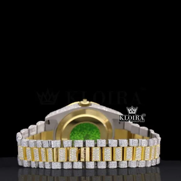 Arabic Numerals Yellow Dial Day Date Display Two Tone Natural Diamond Watch Caseback View