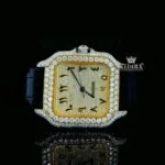 Arabic Numerals Yellow Dial Leather Strap Semi Iced Out Moissanite Watch Close Up Dial View