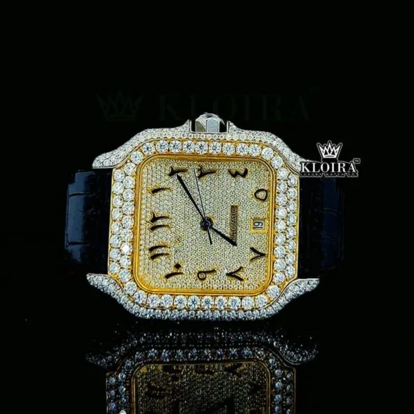 Arabic Numerals Yellow Dial Leather Strap Semi Iced Out Moissanite Watch Close Up Dial View