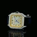 Arabic Numerals Yellow Dial Leather Strap Semi Iced Out Moissanite Watch Close Up Front View