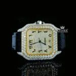 Cartior Arabic Numerals Moissanite Watch with yellow dial and leather strap, showcasing brilliant moissanite stones.