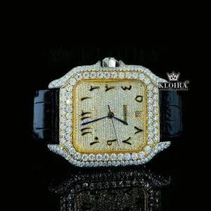 Cartior Arabic Numerals Moissanite Watch with Yellow Dial & Leather Strap