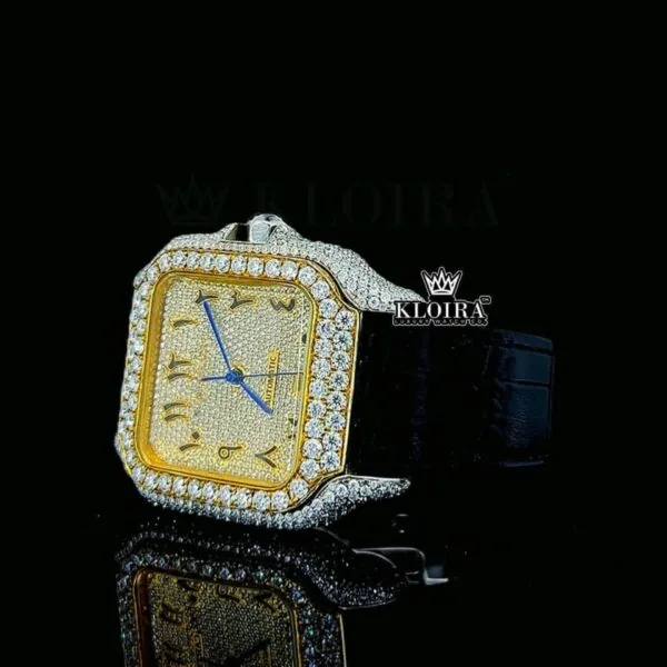 Arabic Numerals Yellow Dial Leather Strap Semi Iced Out Moissanite Watch Left Profile View