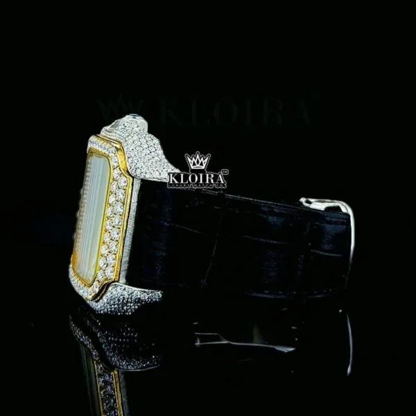 Arabic Numerals Yellow Dial Leather Strap Semi Iced Out Moissanite Watch Left Side View