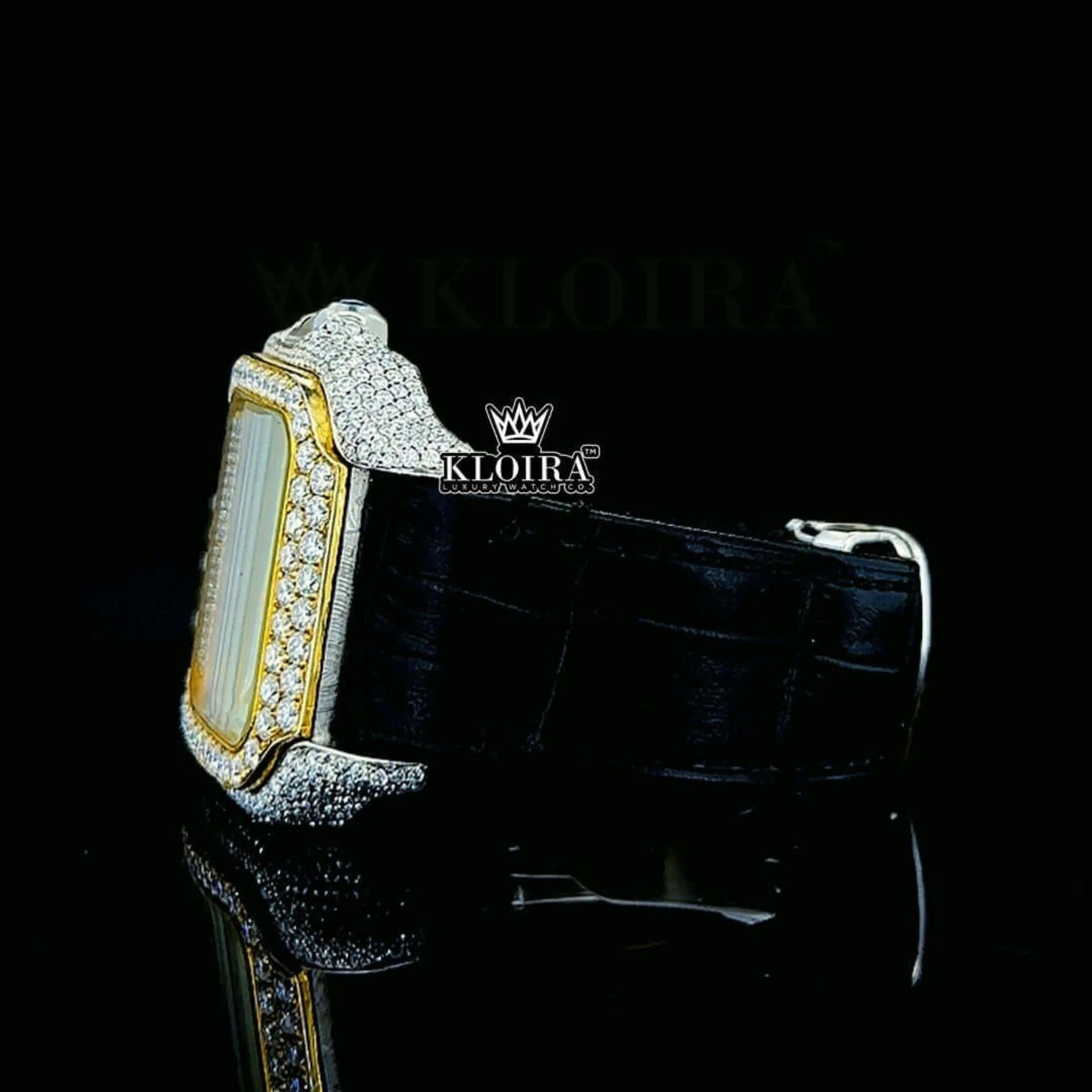 Arabic Numerals Yellow Dial Leather Strap Semi Iced Out Moissanite Watch Left Side View