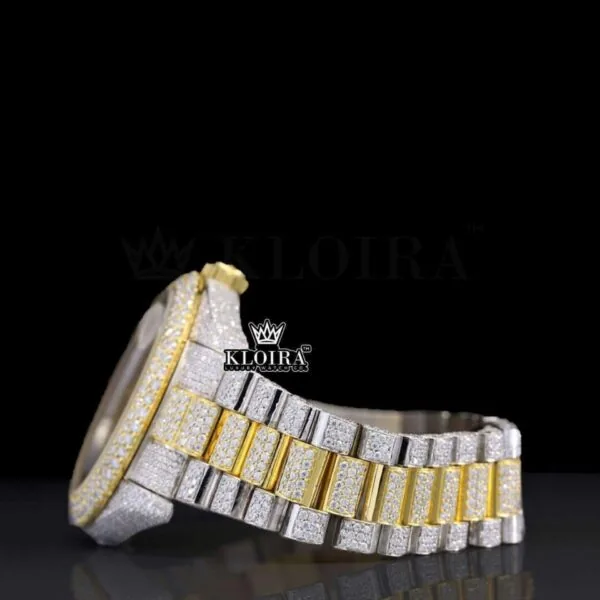 Arabic Numerals Yellow Dial Two Tone Full Iced Out Moissanite Watch Left Side View