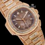 Baguette Bezel Brown Dial Chronograph Moissanite Diamond Watch Close Up Dial View
