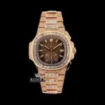Patik Philippe Baguette Bezel Chronograph Moissanite Watch Front View with Rose Gold and Brown Dial