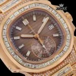 Baguette Bezel Brown Dial Chronograph Moissanite Diamond Watch Full Close Up Dial View