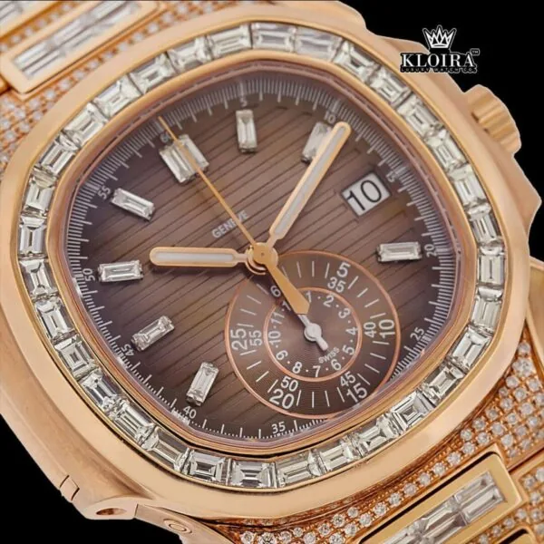 Baguette Bezel Brown Dial Chronograph Moissanite Diamond Watch Full Close Up Dial View
