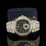 Baguette Diamond Bezel Black Dial Two Tone Moissanite Diamond Watch Close Up Front View