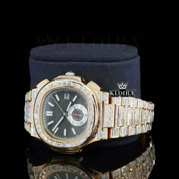 Baguette Diamond Bezel Black Dial Two Tone Moissanite Diamond Watch Left Profile View